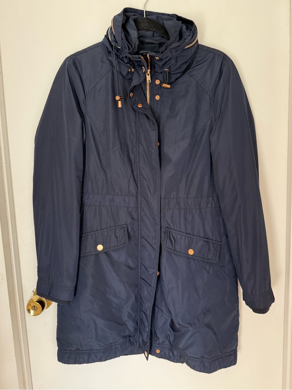 Women's Navy Hooded Trench Coat with Drawstring Waist